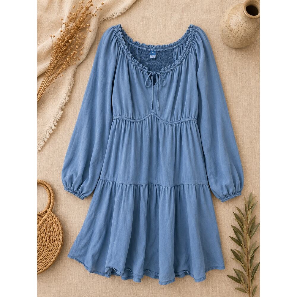 Old Navy Women's Blue Smocked Tie Neck Mini Dress Long Sleeve Flowy Size XXL